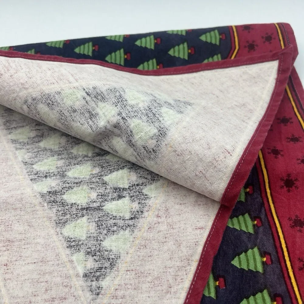 Vtg Christmas Tree Snowflake Table Runner Burgundy Navy Green 13x26 1990s Prop